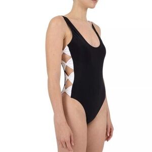 CYN & LUCA Black CutOut White Bows Swimsuit NWOT